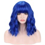 BERON 14 Inches Dark Blue Wig Short Curly Wig Women Girl’s Synthetic Wig Blue Wig with Bangs Wig Cap Included