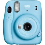 Fujifilm Instax Mini 11 Instant Camera – Sky Blue (16654762) + Fujifilm Instax Mini Twin Pack Instant Film (16437396) + Single Pack Rainbow Film + Case + Travel Stickers