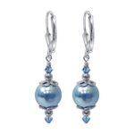 Sterling Silver Blue Faux Pearl and Austrian Crystals Handmade Drop Earrings for Women