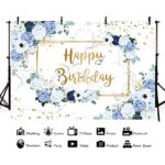 MEHOFOND 7x5ft Happy Birthday Backdrop Blue and White Flowers Bday Photography Background Girls Geometric Gold Glitter Dots Birthday Floral Party Decorations Cake Smash Decor Studio Photo Props