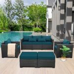 Rattaner Patio Furniture Set 5-Piece Outdoor Furniture Sets Patio Couch Outdoor Chairs Patio Ottomans with Anti-Slip Cushions and Waterproof Covers, Peacock Blue