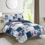 zhuzai 3 Piece Patchwork Quilt Sets Full/Queen Size – Blue Floral Bedding with 2 Shams Lightweight Soft Reversible Microfiber Plaid Bedspread Coverlet Quilts for All Season, 90”x96”
