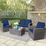 JOIVI 4 Piece Outdoor Patio Furniture Set, All-Weather Wicker Patio Conversation Set, PE Rattan Loveseat Sofa Chair Set with Tempered Glass Coffee Table, Navy Blue