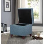Adeco 17’’ Square Ottoman with Storage- Small Storage Ottoman Foot Rest with Hinged Lid- Blue Faux Linen Fabric Upholstered Footstool with Sturdy Wood Legs
