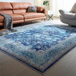 Rugcomf Area Rug 5×7 Washable Rug Boho Rug Soft Non-Slip Non-Shedding Faux Wool Vintage Rug for Living Room, Bedroom Rug, Farmhouse, Dining Room, Indoor, Kids Playroom (Blue)