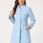 Allegra K Women’s Winter Overcoat Mid-Long Stand Collar Woolen Single Breasted Coat Outerwear Medium Light Blue