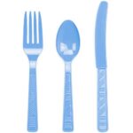 DecorRack 96 Piece Plastic Cutlery Set -BPA Free- Plastic Silverware Combo Utensils for Birthdays, Indoor, Outdoor Events, Parties, Light Blue (Set of 96)