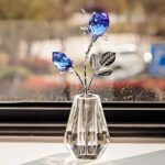 H&D HYALINE & DORA Blue Crystals Roses in Vase with Sliver Metal Stem Glass Figurine Ornament Wedding Gifts for Woman Home Party Decorations