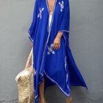 Bsubseach Plus Size Kimono Cardigan Bathing Suit Cover Up for Women Long Sleeve Embroidered Swimsuit Cover-up Royal Blue