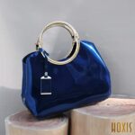 HOXIS Charm Glossy Metal Grip Structured Shoulder Handbag Women Satchel (Navy)