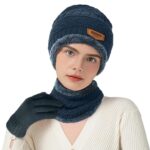 Winter Beanie Hat Circle Scarves Touchscreen Gloves Set, Warm Thick Fleece Lined Skull Cap Gloves Neck Warmer for Men Women, Navy Blue