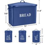 E-far Navy Blue Bread Box with Canister Sets for Kitchen Countertop, Metal Storage Container Holder for Farmhouse Decor, Vintage Style & Extra Large – Holds 2+ Loaves Sugar Coffee Tea