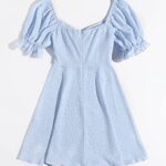 Floerns Women’s Summer Drawstring Sweetheart Neck Puff Sleeve A Line Short Dress Light Blue M