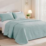 Exclusivo Mezcla King Size Quilt Bedding Set, Lightweight Aqua Blue Quilts King Size for All Seasons, Soft Microfiber Bedspreads Coverlets Bed Cover with Leaf Pattern, 3 Piece