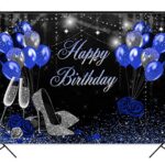Mocsicka Blue and Birthday Backdrop for Women Silver High Heels and Blue Balloons Birthday Party Decoration for Girl Blue Rose Happy Birthday Party Banner Supplies (7x5ft (82×60 inch))