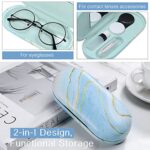 MoKo Double Eyeglass Case, Contact Lens Case with Mirror Tweezers Remover, 2 in 1 Double Sided Portable Contact Lens Box Holder Container Soak Storage Sunglasses Pouch for Men Women, Marble Light Blue