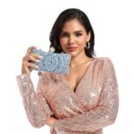 Boutique De FGG Pearl Clasp Crystal Clutch Purses for Women’s Evening Handbags Wedding Party Rhinestone Bag (Light Blue)