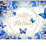 Withu Royal Blue Butterfly Backdrop Happy Birthday Floral Flowers Gypsophila Butterflies Wishes Theme Party Cake Table Party Decor Photography Banner Photo Booth Props 7x5ft