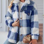 MEROKEETY Womens Long Sleeve Button Down Gingham Fleece Jackets Lapel Oversized Winter Coats with Pockets, Blue, M