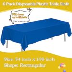 tujol Royal Blue 6 Pack Plastic Table Cloth 54″ x 108″, Disposable Tablecloths Rectangle Table Cover, Plastic Table Cloths for Parties