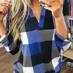 Dokotoo Women’s Casual Cotton 3/4 Sleeve Plaid V-Neck Tunic Top 2023 Blue