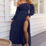 ZESICA Women’s 2023 Boho Sexy Off Shoulder Long Sleeve Smocked High Waist Side Split Flowy A Line Tiered Long Maxi Dress,Navy,Large