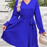 PRETTYGARDEN Women’s Casual Spring Fall Dresses Long Puff Sleeve V Neck Pleated Ruffle Flowy Belted Dress (Royal Blue,Large)