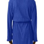 LYANER Women’s Collar V Neck Button Down Pleated Long Sleeve Mini Shirt Dress with Belt Blue Medium