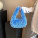 Faux Fur Fluffy Hobo Bag Furry Handbag Purse Y2K Fuzzy Tote Bag,Trendy Cute Plush Purse for Women (Blue)