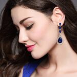 EVER FAITH Austrian Crystal Bridal Hollow-out Teardrop Pierced Dangle Earrings Blue Silver-Tone