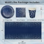 WYQJHKV Serve 25 Guests Navy Blue Plates and Napkins Party Supplies,Blue and Silver Birthday Plates Disposable,Navy Blue Paper Plates and Napkins Cups Tablecloth