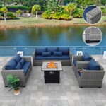 Patio Furniture Set with 30-Inch Fire Pit 5-Piece Outdoor Furniture Sets Patio Couch Outdoor Chairs 50000 BTU Wicker Propane Fire Pit Table with No-slip Cushions and Waterproof Covers, Navy Blue