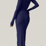 QINSEN Women’s Long Sleeve Slip Maxi Dress Sexy Square Neck Ribbed Bodycon Long Dresses Navy Blue M