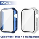 Misxi [2 Pack] for Apple Watch Series 9 (2023) Series 8 Series 7 45mm Waterproof Anti-Scratch Case with Button, Hard PC Cover with Tempered Glass Screen Protector for iWatch, 1 Blue + 1 Transparent