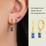 RLMOON 2 Pairs 14K Gold Plated Huggie Drop Dangle Earring Sterling Silver Post Sapphire Blue Baguette Earring CZ Small Hoop Earring for Women