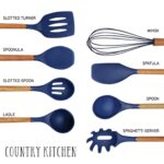 Country Kitchen Silicone Cooking Utensils, 8 Pc Kitchen Utensil Set, Easy to Clean Wooden Kitchen Utensils, Cooking Utensils for Nonstick Cookware, Kitchen Gadgets and Spatula Set – Navy