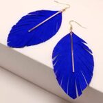 Miracle Collection Lightweight Genuine Soft Leather Fringe Leaf with Simple Drop Metal Bar Dangle Earring for Women and Girls (Royal Blue)