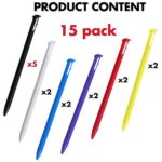 Yizerel Stylus Pen for New 3DS, 15 Pcs Colorful Plastic Replacement Touch Screen Stylus Set Compatible with New 3DS with HD Crystal Clear PET Films (Black White Blue Red Purple Green)