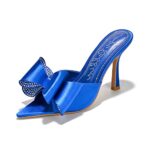 Cape Robbin Bellani Stiletto Slip-on Pointy High Heels with Rhinestone Bow, Blue Size 10
