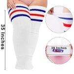 Plus Size Womens Thigh High Socks for Thick Thighs- Extra Long Striped Thick Over the Knee Stockings- Leg Warmer Boot Socks (White & Blue & Red)
