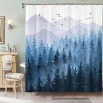 Accnicc Blue Misty Forest Shower Curtain Set Ombre Navy Blue White Waterproof Fabric Shower Curtains Nature Tree Mountain Woodland Decorative Bathroom Bath Curtain Decor (72” × 72”, Blue)