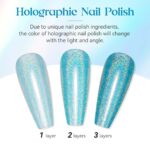 MIZHSE Holographic Nail Polish, Blue Glitter Nail Polish Air Dry Fast, 15ml/0.5 fl oz High Glossy Shiny Shimmer Nail Pigment Laser Oil-based Nail Polish Chrome Halo Nail Art Salon Manicure at Home