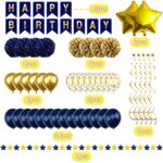 Recosis Birthday Decorations for Men, Navy Blue and Gold Happy Birthday Decorations with Banner Paper Pompoms for Boys Girls Men Women Birthday Party Decorations Supplies