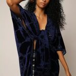 WeHello Women’s Burnout Velvet Kimono Long Cardigan Cover Up with Tassel (Navy)