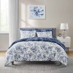 SHALALA Comforter Set,7-Piece Floral Soft Bedding Comforter Sets,Aesthetic Bedding Set Reversible Flower Coverlet Bed Sets for All Seasons(Navy Blue, King)