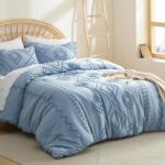 Bedsure Boho Comforter Set Queen – Mineral Blue Tufted Bedding Comforter Set, 3 Pieces Farmhouse Shabby Chic Embroidery Bedding Set, Soft Geometric Pattern Comforter for All Seasons
