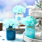 Ziliny Winter Snowflake Decor Set of 3, Let It Snow Mason Jar Decor with 3 Bundle Blue Artificial Flower Tiered Tray Decorations for Dining Table Centerpiece Christmas Winter Decorations