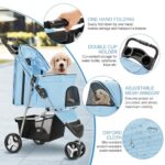 Pet Stroller for Medium Small Dogs and Cats, One-Hand Folding Portable Travel Cat Dog Stroller with Storage Basket and Cup Holder, 3 Wheels, Light Blue