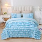 Holawakaka Light Blue Waterfall Ruffle Comforter Set Full Size Multi-Layers Ruffled Shabby Chic 3PCS Bedding Set for Girls Women