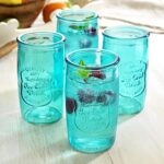 Glaver’s Highball Glasses Set of 4 – 20oz Artistic Ice-Cold Pretty Blue – Vintage Glassware with Embossed Logo – Beverage Drinking Glasses for Water, Juice, Cocktails.